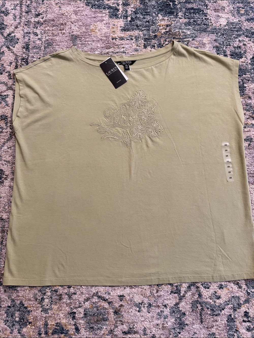 NWT Lauren Ralph Lauren Olive Green Embroidered Short Sleeve Tee